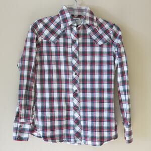 VINTAGE WRANGLER Western Wear Shirt Size 32 Women Plaid Pearl Snap Long Sleeve
